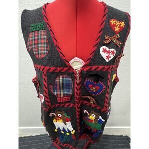 Vtg Segue Ugly Christmas Teacher Black Bear Stockings Cabincore Vest Size L